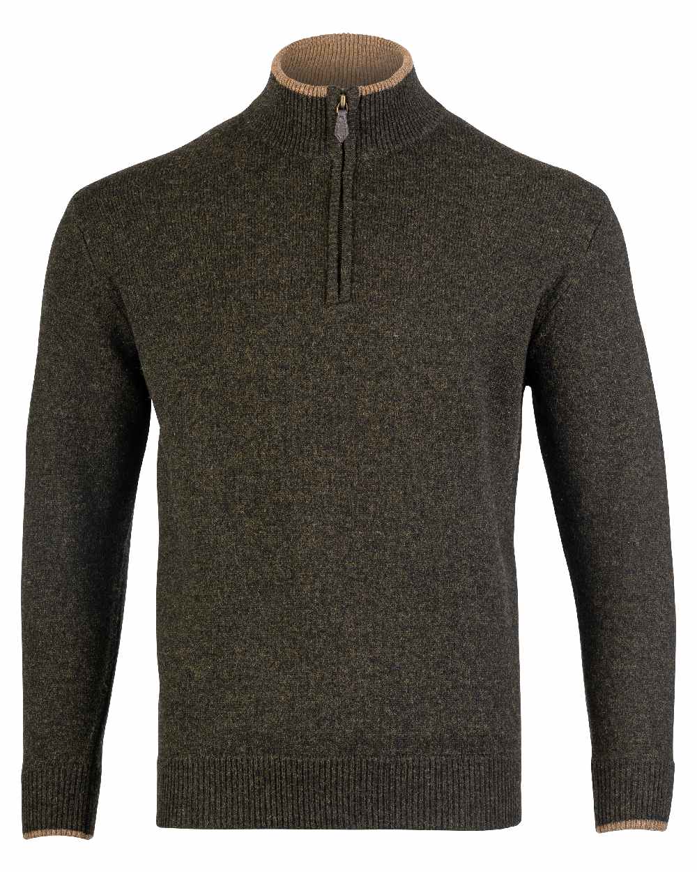 Dark Olive coloured Jack Pyke Ashcombe Lambswool Zip Knit Pullover on white background 