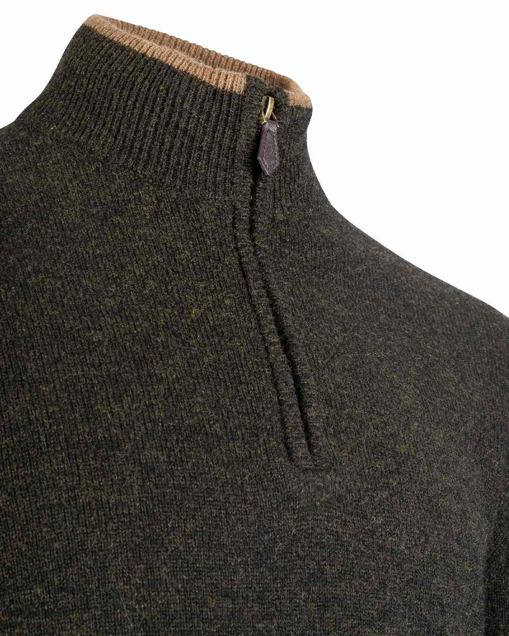 Dark Olive coloured Jack Pyke Ashcombe Lambswool Zip Knit Pullover on white background 