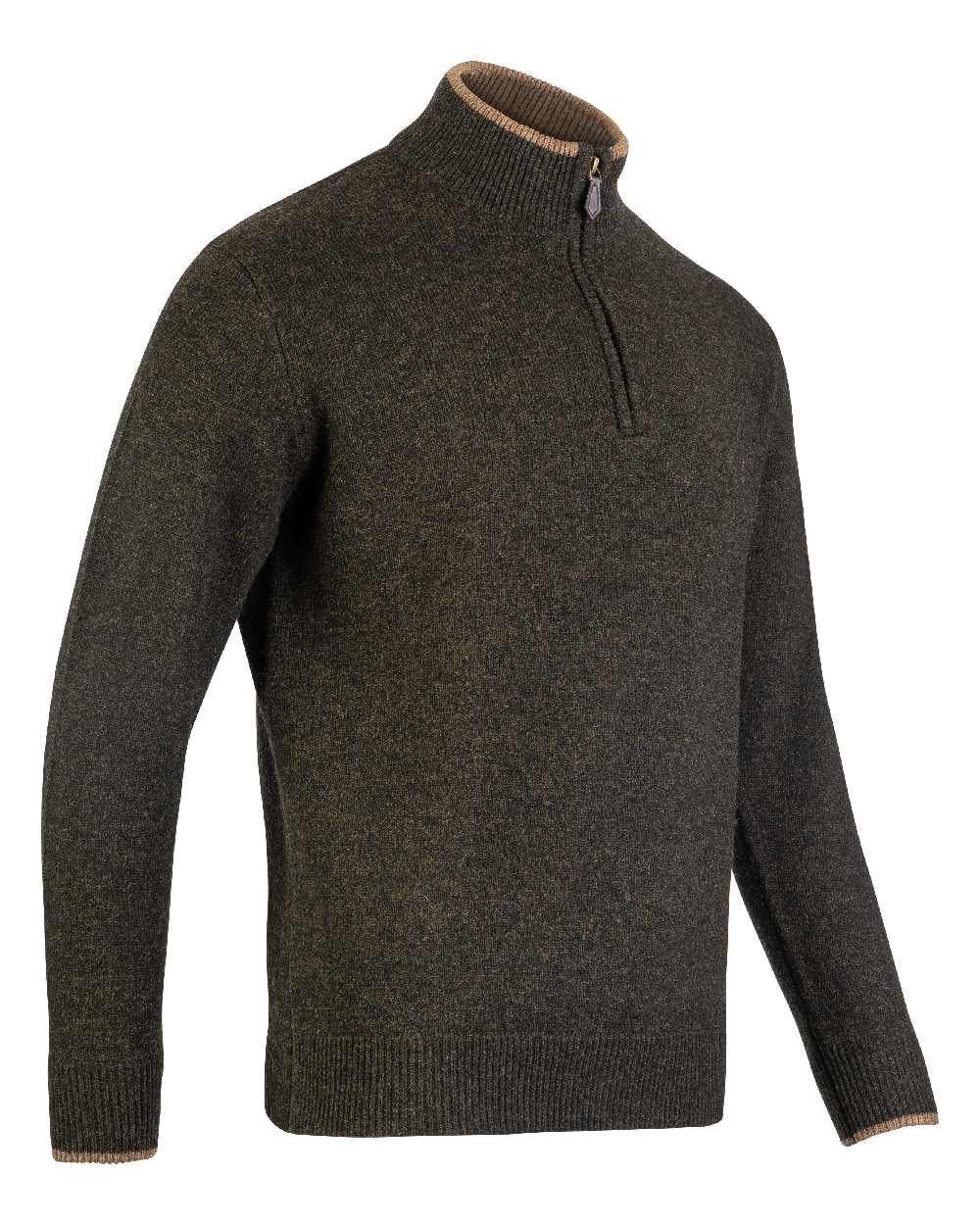 Dark Olive coloured Jack Pyke Ashcombe Lambswool Zip Knit Pullover on white background 