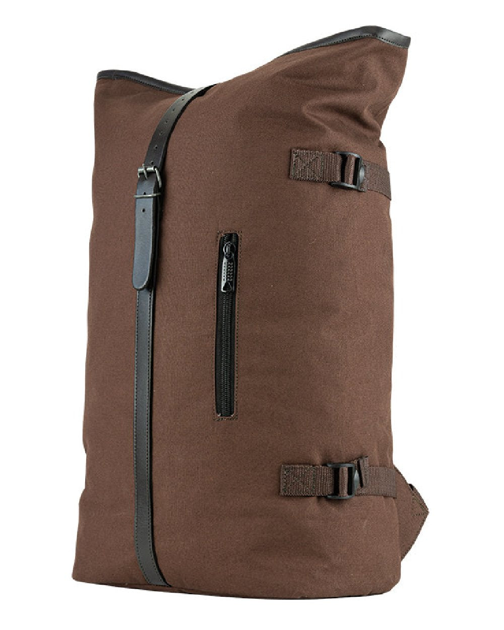 Brown coloured Jack Pyke Canvas Fold Top Rucksack on white background 