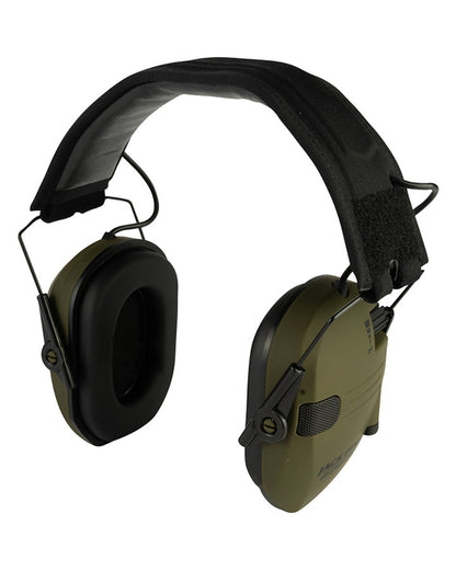 Green coloured Jack Pyke Electronic Ear Defenders on white background 