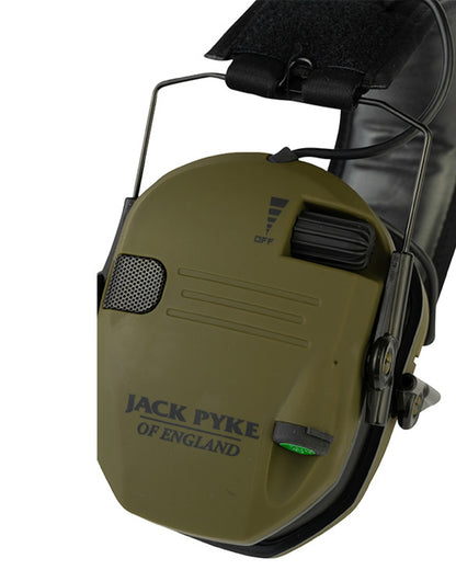 Green coloured Jack Pyke Electronic Ear Defenders on white background 