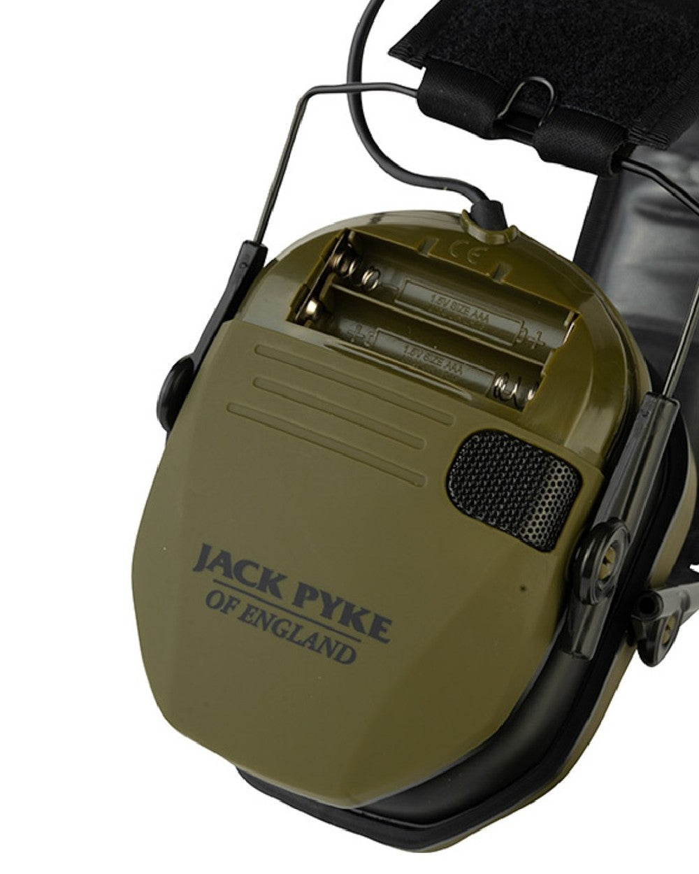 Green coloured Jack Pyke Electronic Ear Defenders on white background 