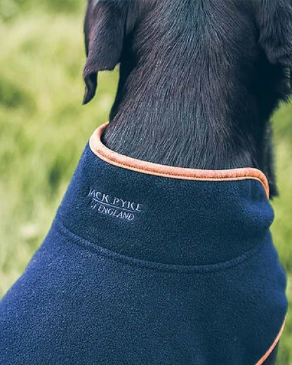 Navy coloured Fleece Dog Coat on blurry background 