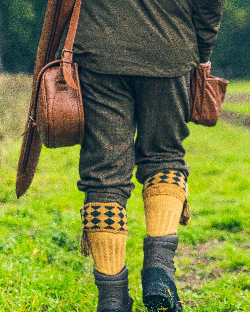 Mustard Coloured Jack Pyke Harlequin Socks on outdoor background 