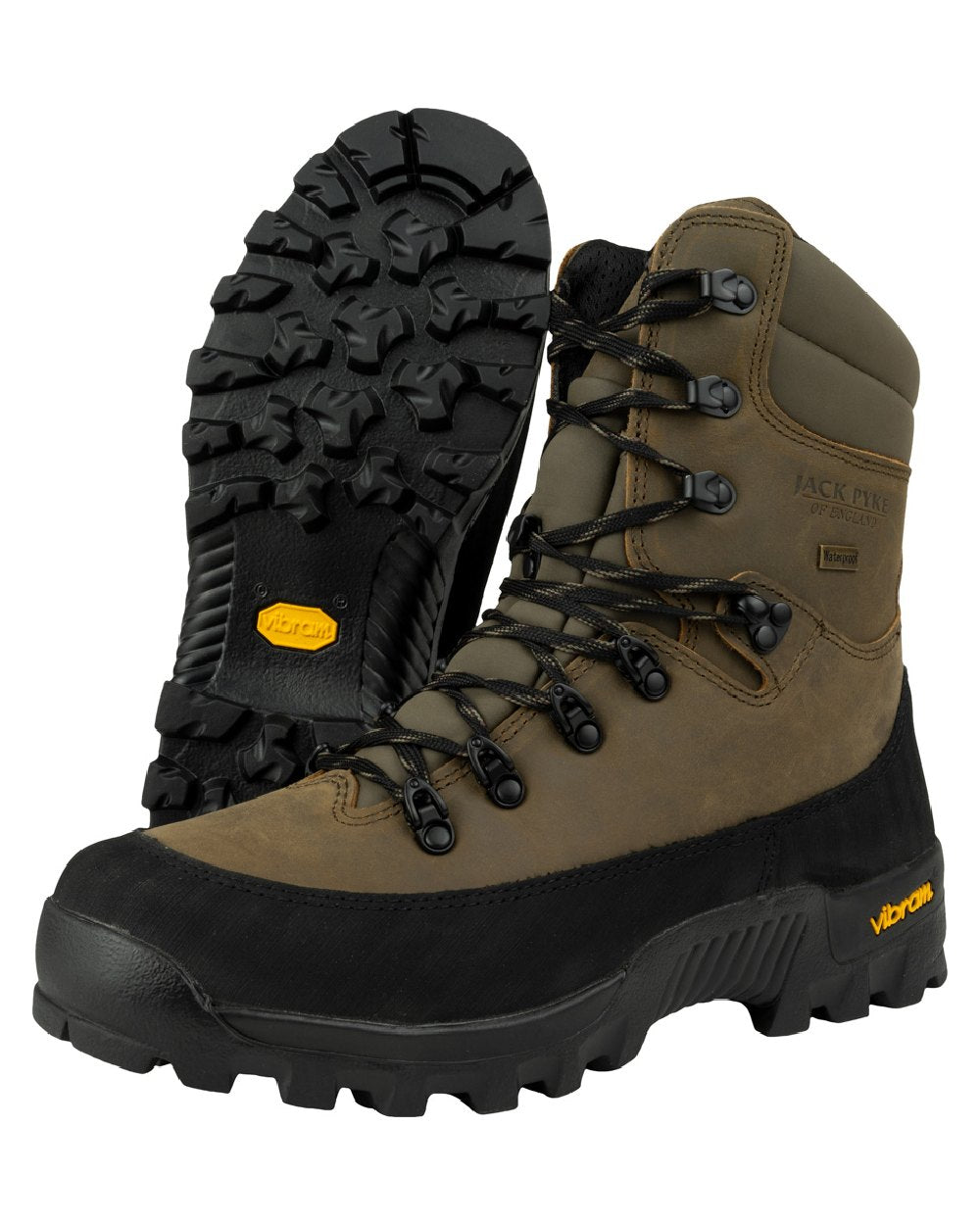 Brown coloured Jack Pyke Hunters Boots on white background 