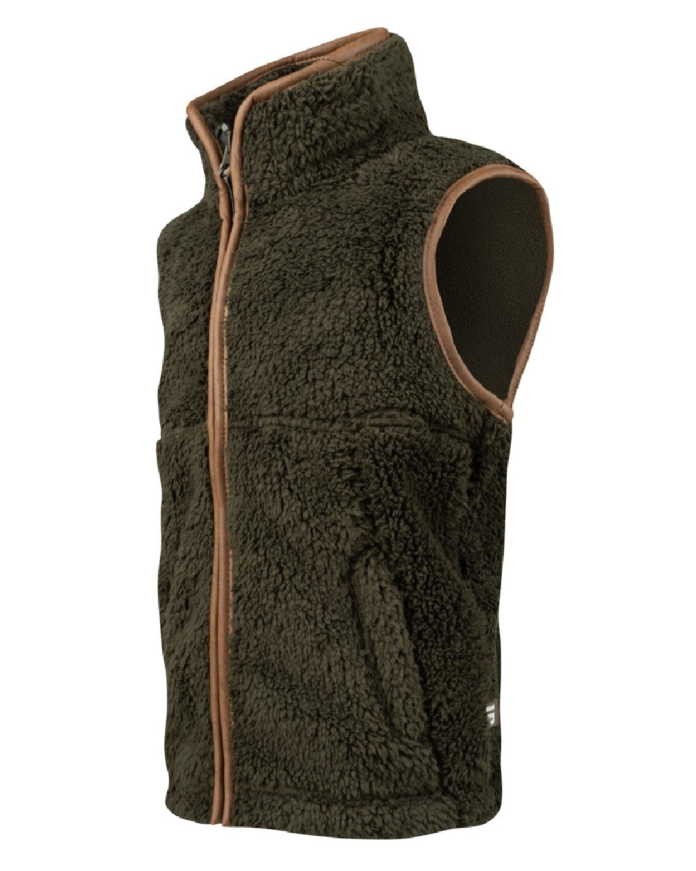 Dark Olive coloured Jack Pyke Junior Sherpa Fleece Gilet on white background 