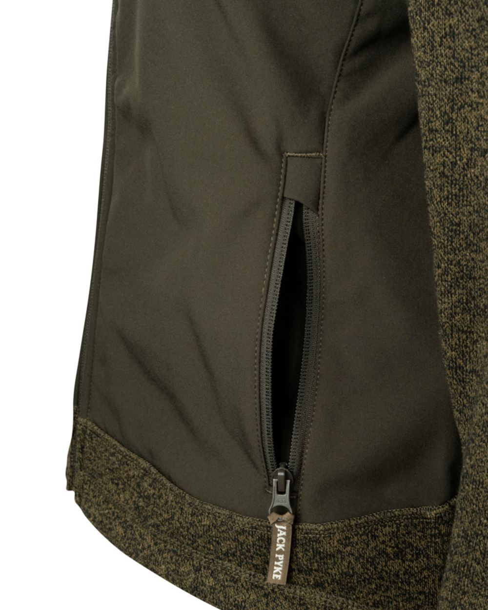 Green coloured Jack Pyke Ladies Hybrid Jacket on white background 