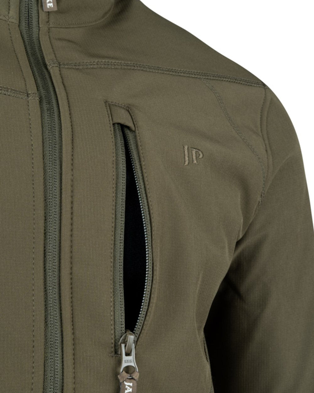 Green coloured Jack Pyke Mens Bleasdale Softshell Jacket on white background 