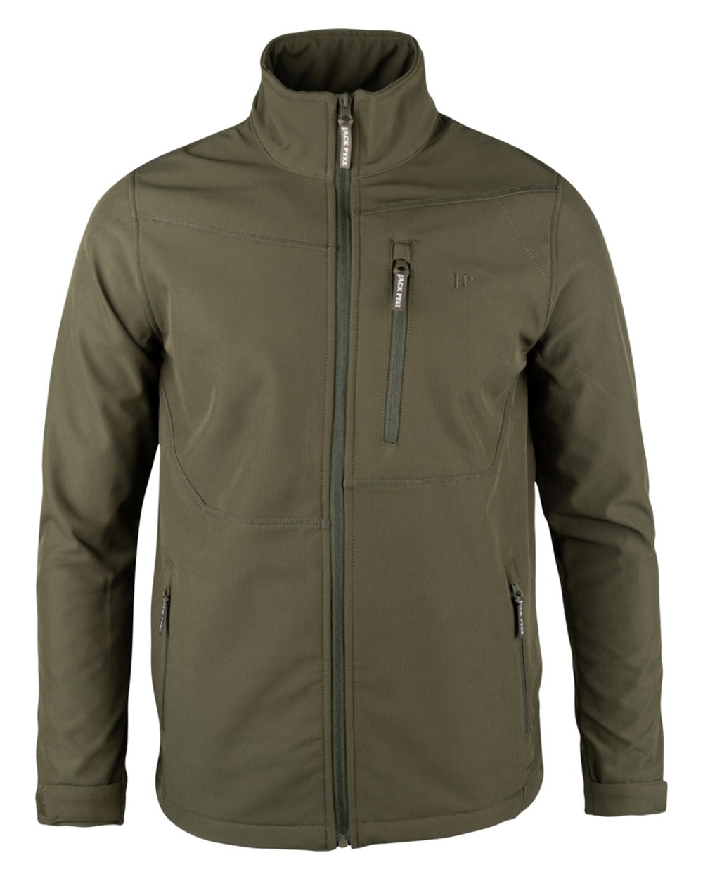Green coloured Jack Pyke Mens Bleasdale Softshell Jacket on white background 