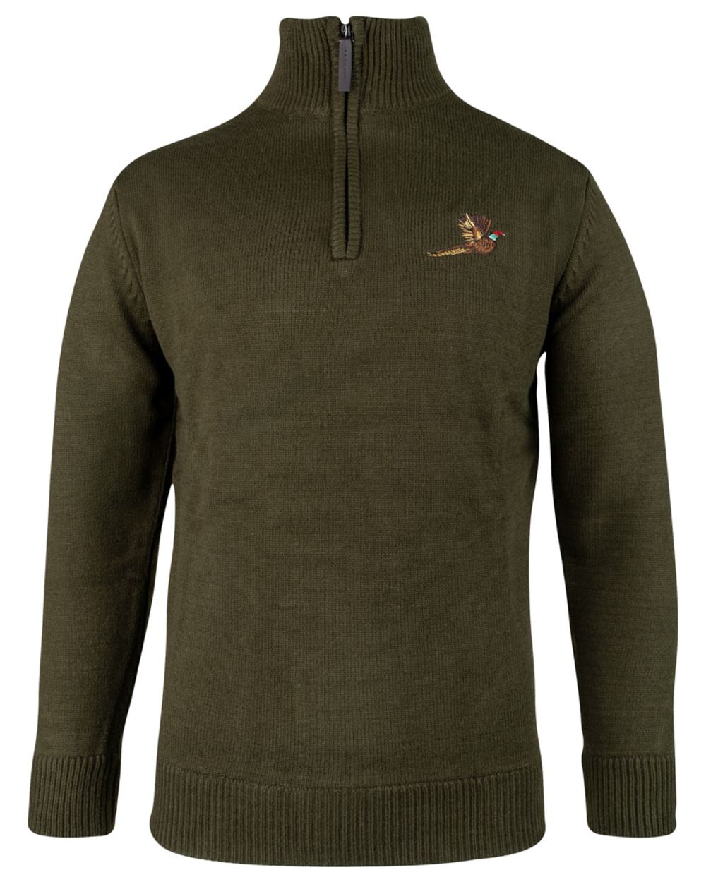 Olive Coloured Jack Pyke Mens Pheasant Zip Neck Pullover on white background 