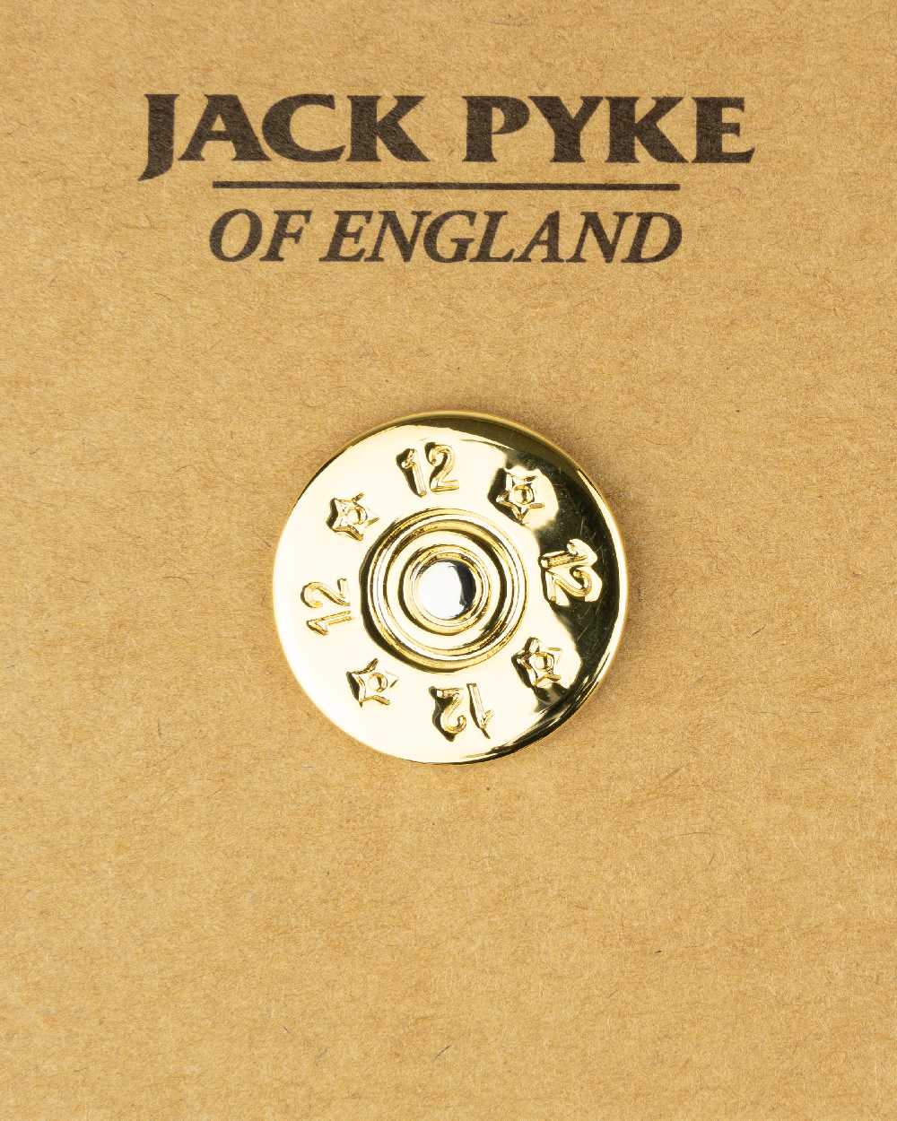 Cartridge styled Jack Pyke Pin Badge on white background 