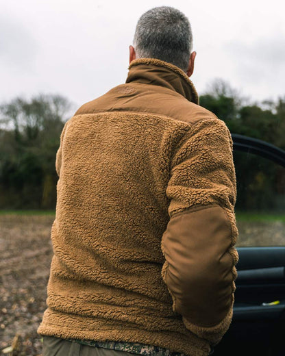 Camel coloured Jack Pyke Sherpa Fleece Jacket Gen 2 on outdoor background 