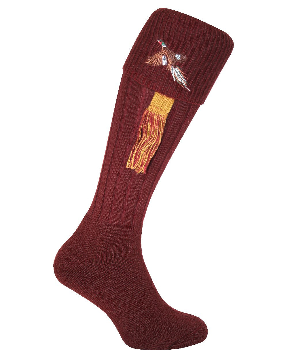 Burgundy coloured Jack Pyke Shooting Socks Pheasant on white background 