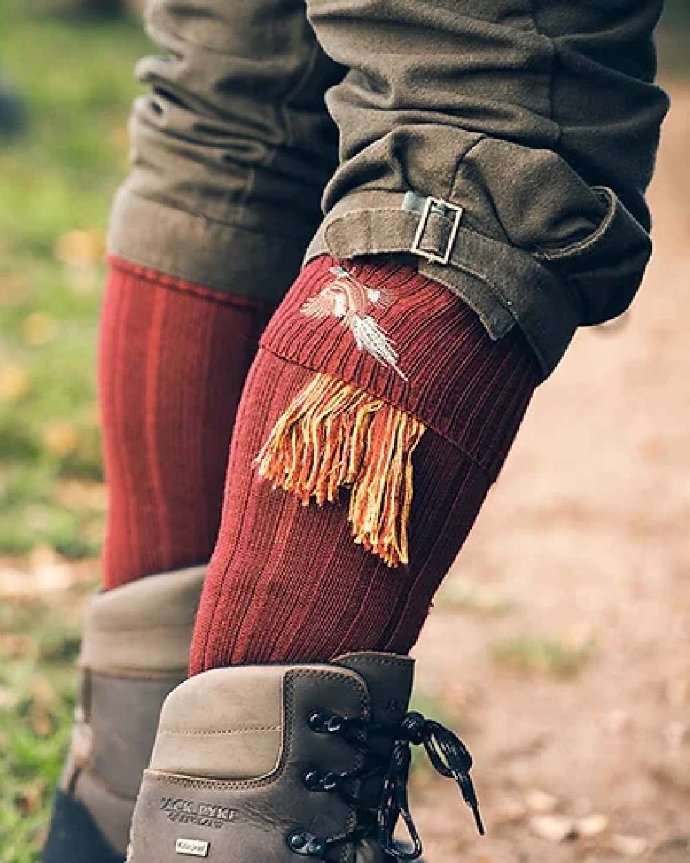 Burgundy coloured Jack Pyke Shooting Socks Pheasant on blurry background 