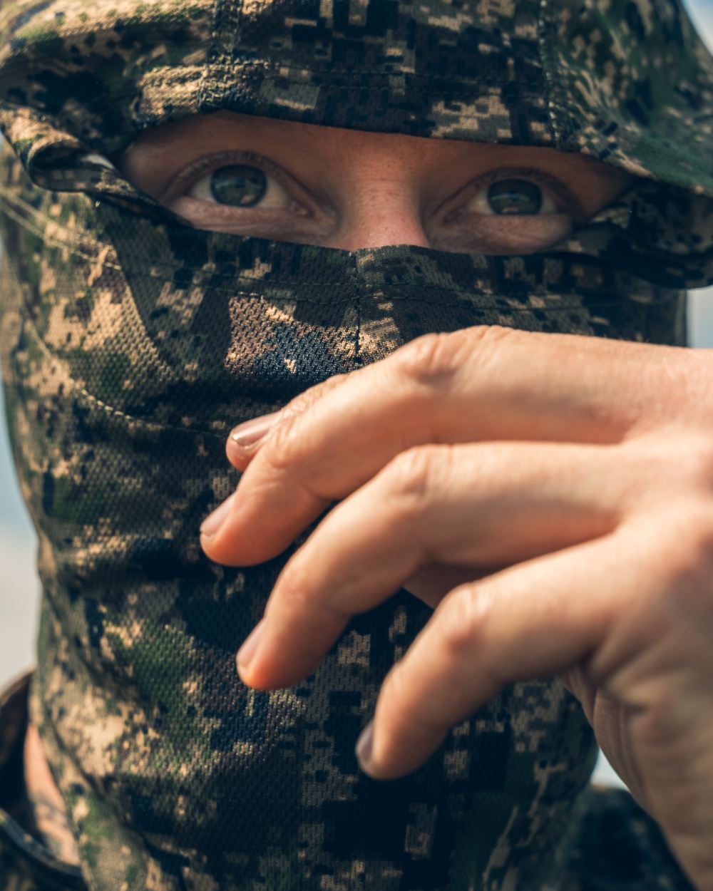 Digicam coloured Jack Pyke Stealth Balaclava on sky background 