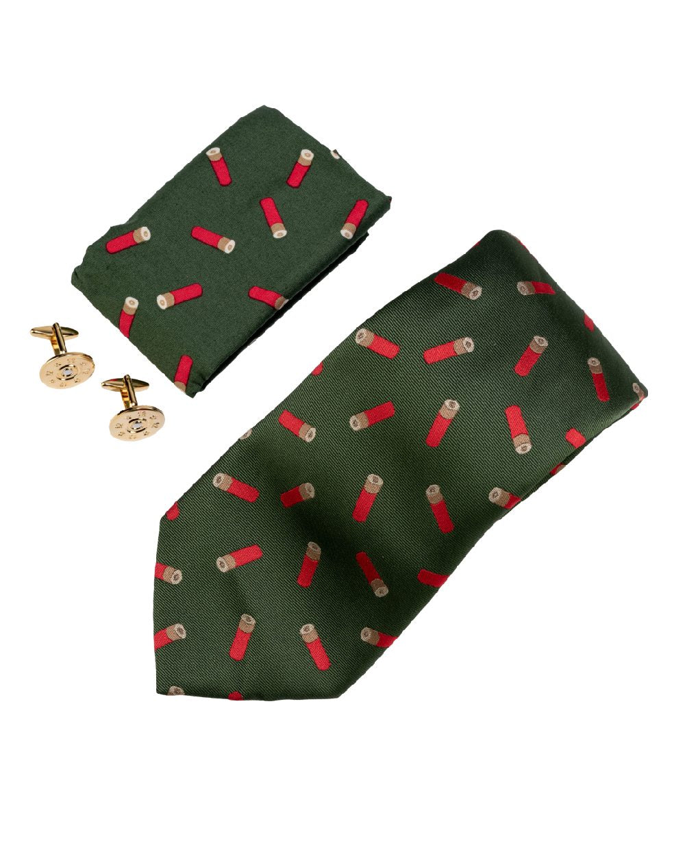 Green coloured Jack Pyke Tie, Hanky and Cufflinks Gift Set Cartridge on white background 