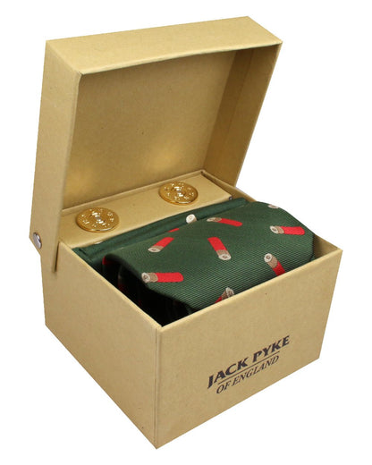 Green coloured Jack Pyke Tie, Hanky and Cufflinks Gift Set Cartridge on white background 