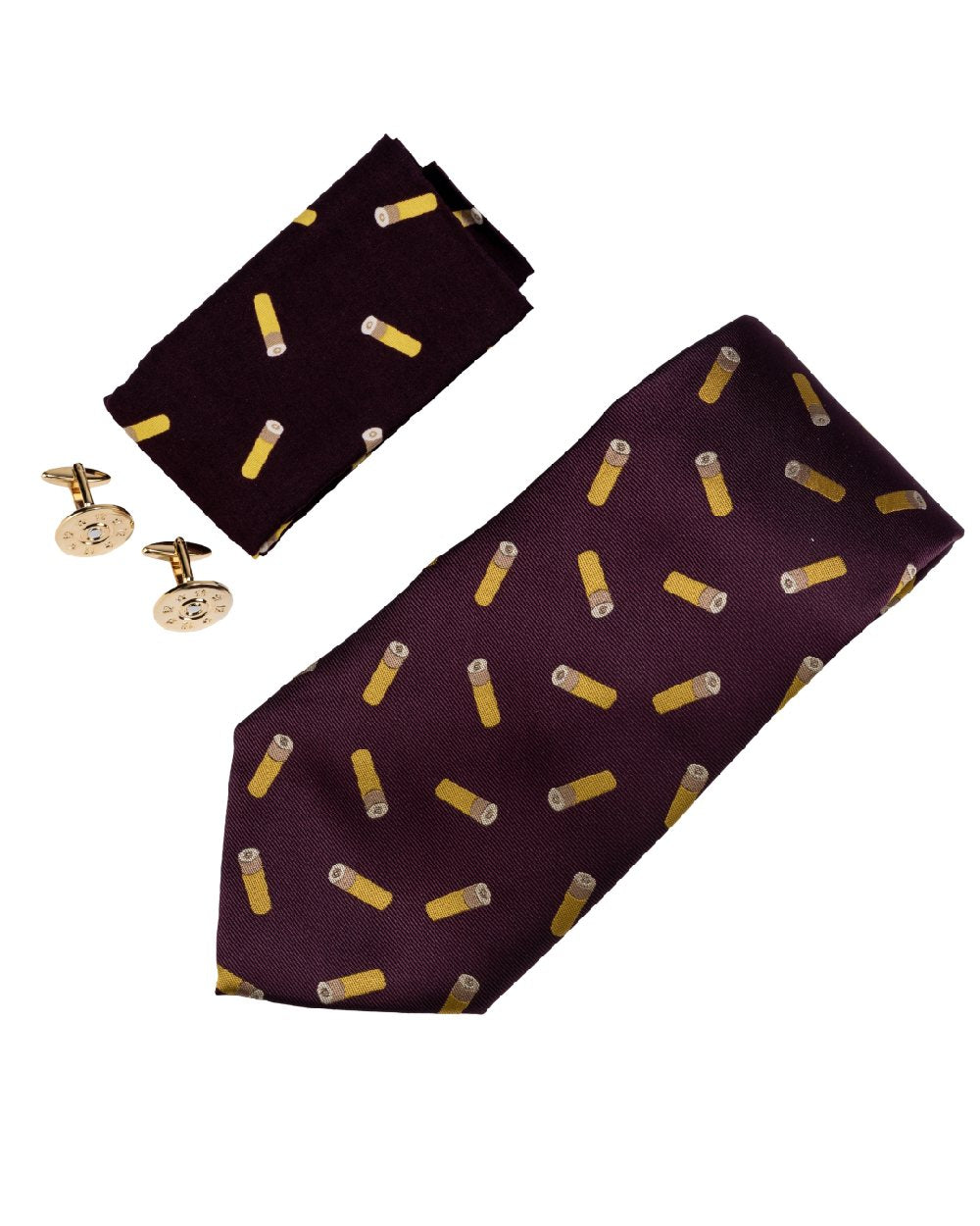 Wine coloured Jack Pyke Tie, Hanky and Cufflinks Gift Set Cartridge on white background 