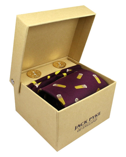 Wine coloured Jack Pyke Tie, Hanky and Cufflinks Gift Set Cartridge on white background 