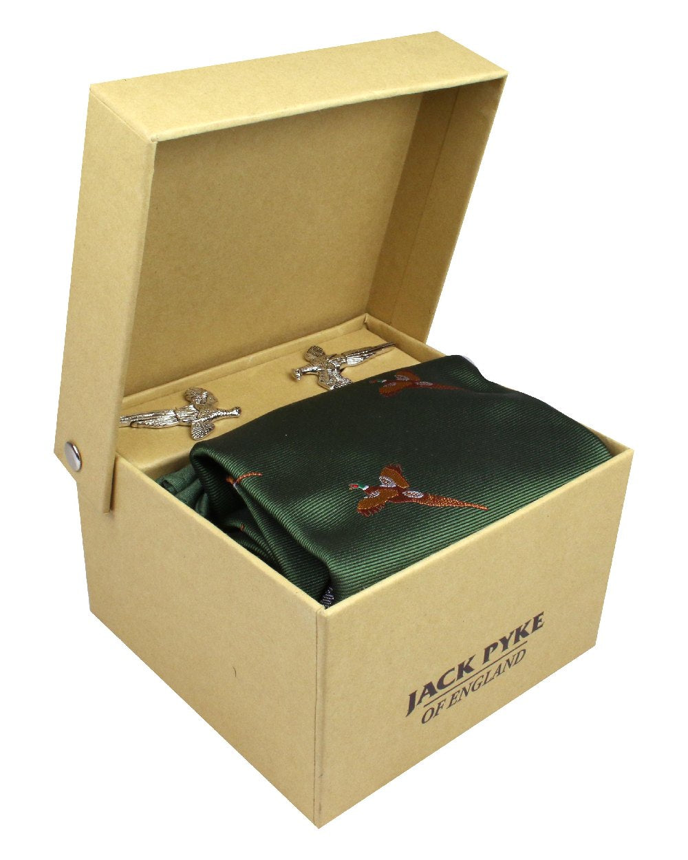 Green coloured Jack Pyke Tie, Hanky and Cufflinks Gift Set Pheasant on white background 