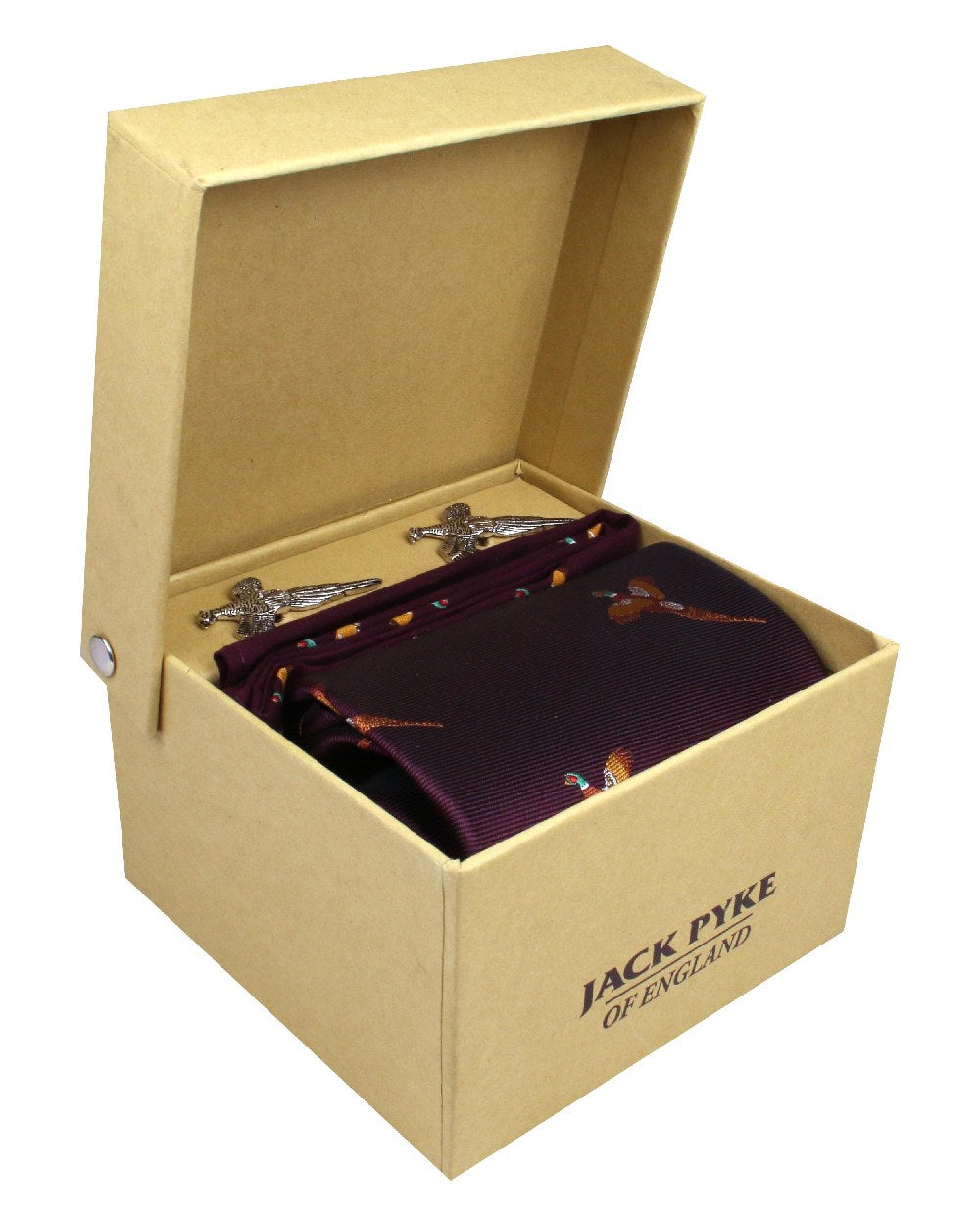 Wine coloured Jack Pyke Tie, Hanky and Cufflinks Gift Set Pheasant on white background 