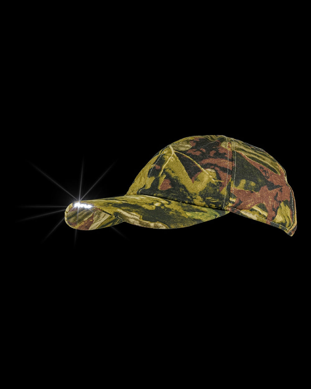 Camo coloured Jack Pyke Wildfowlers Cap With Torch on black background 