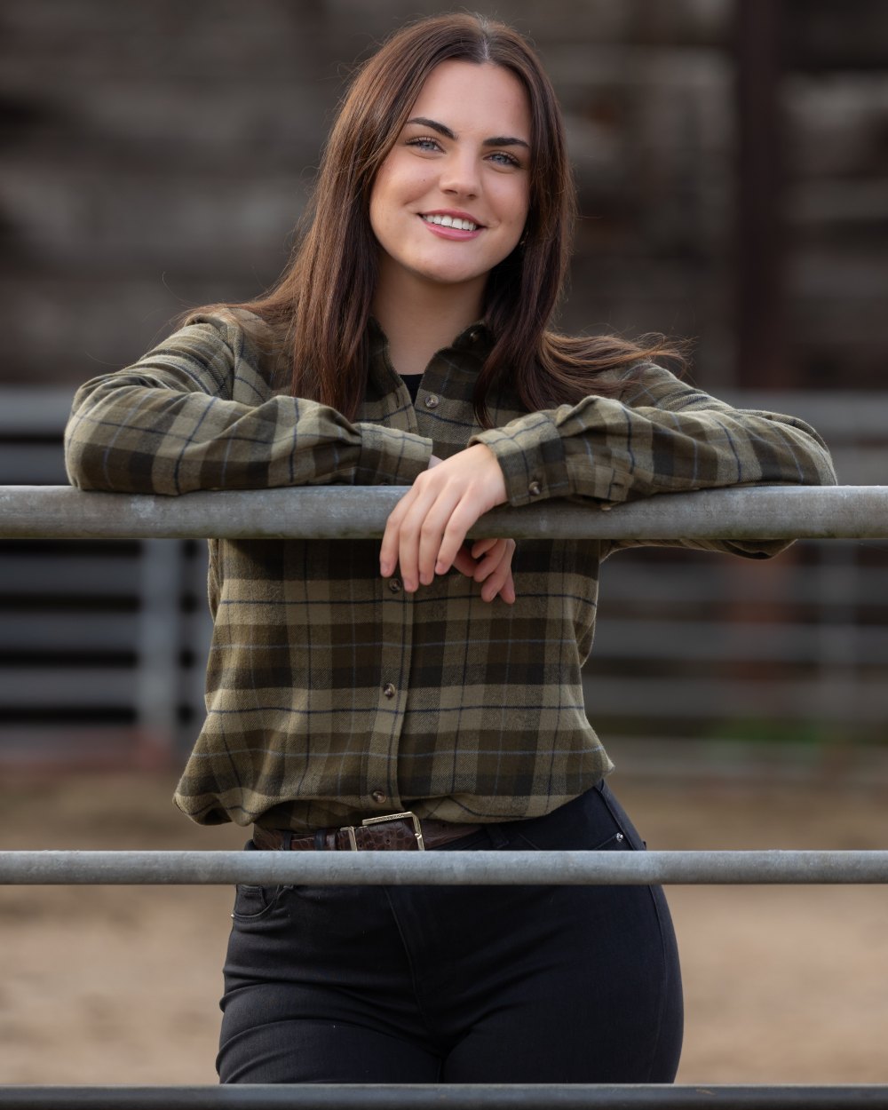 Green coloured Jack Pyke Womens Bleasdale Heavy Flannel Shirt on blurry background 