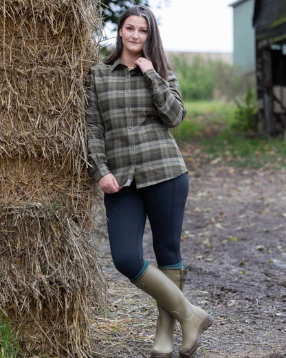 Green coloured Jack Pyke Womens Bleasdale Heavy Flannel Shirt on outdoor background 