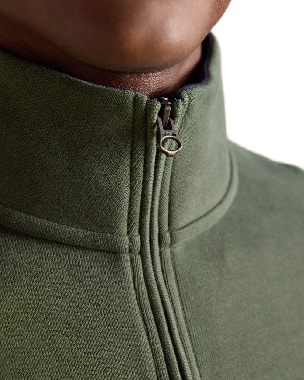 Khaki Green coloured Joules Alistair Quarter Zip Cotton Sweatshirt on white background 