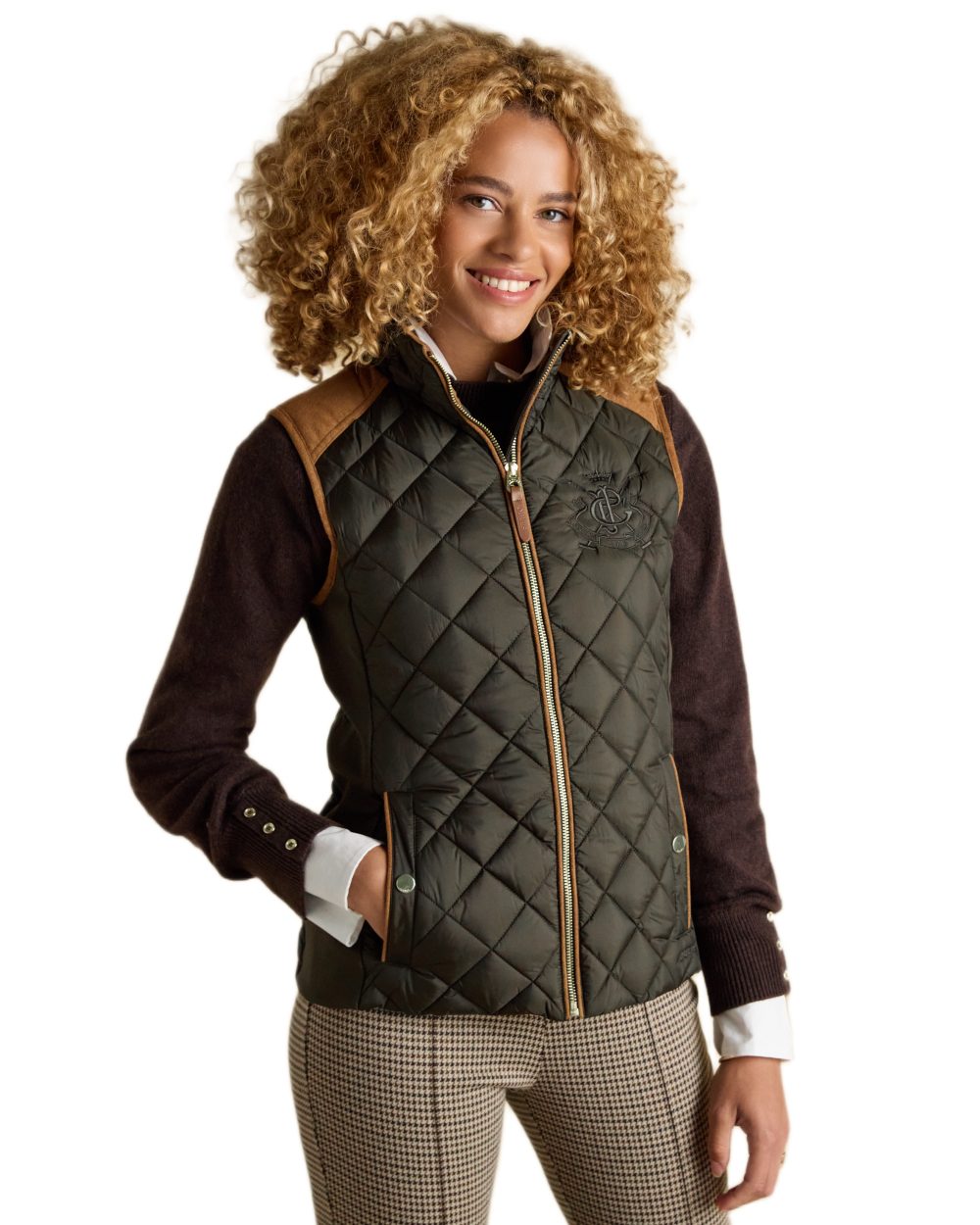Green coloured Joules Braemar Luxe Gilet on white background 