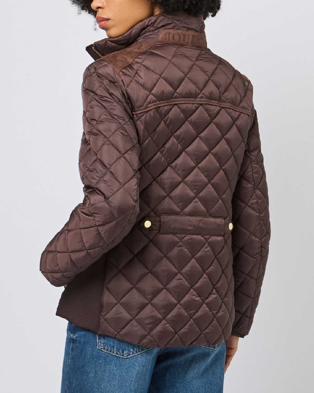 Chocolate Brown coloured Joules Braemar Luxe Jacket on grey background 
