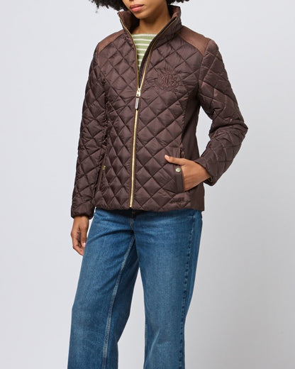 Chocolate Brown coloured Joules Braemar Luxe Jacket on grey background 