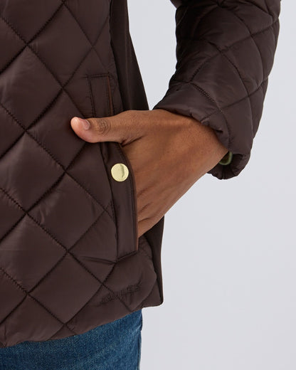 Chocolate Brown coloured Joules Braemar Luxe Jacket on grey background 