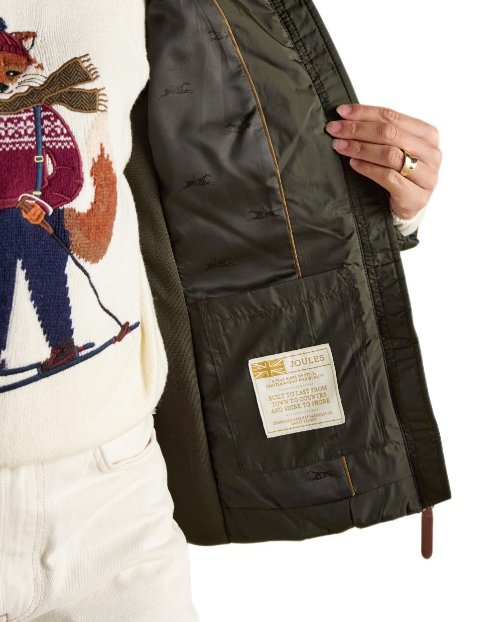 Khaki Green Coloured Joules Braemar Luxe Jacket On A White Background 