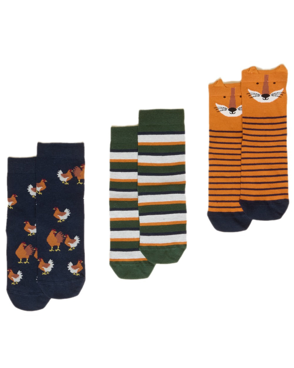 Orange Navy Coloured Joules Childrens Neat Feet 3 Pack Socks on white background 