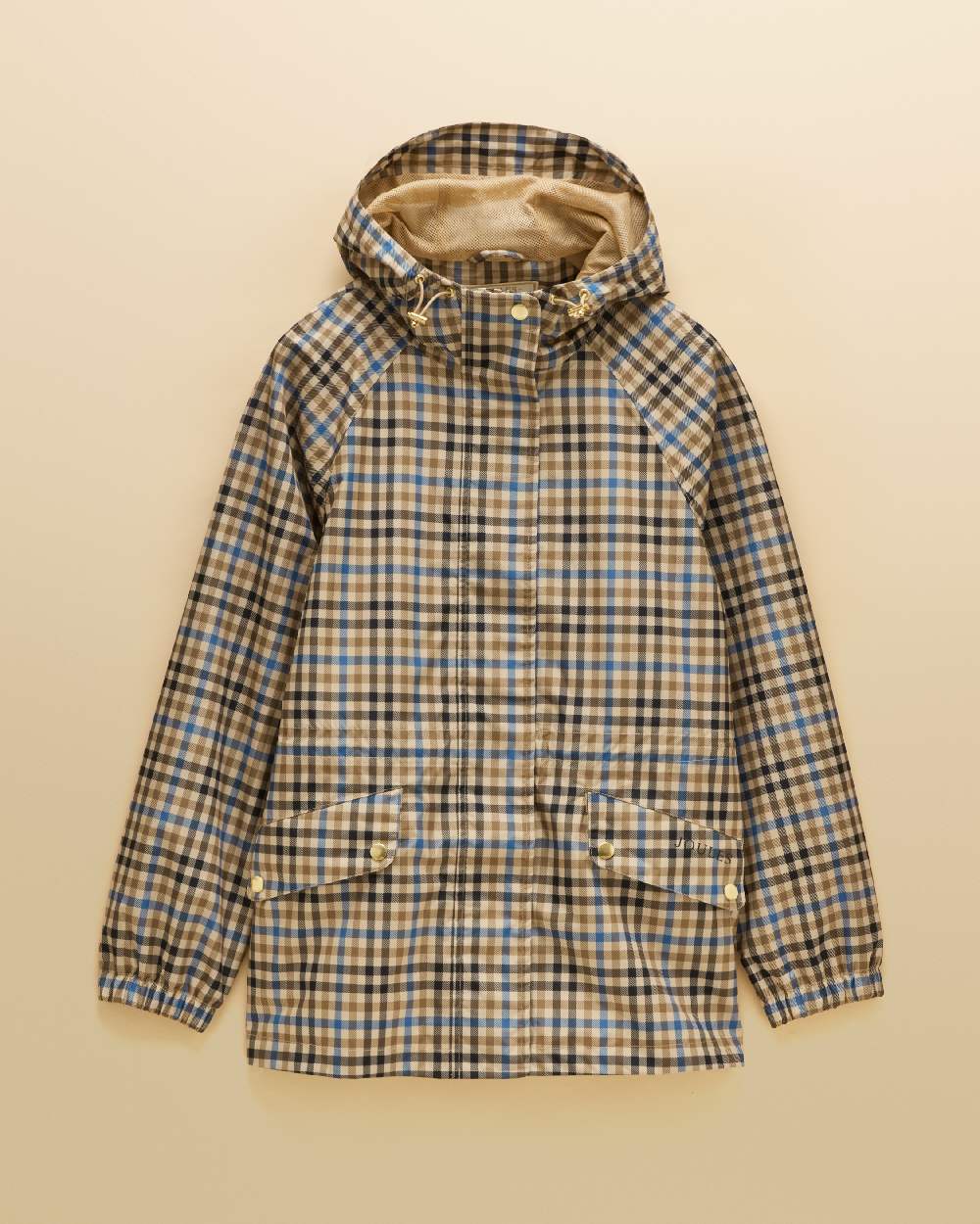 Brown Check Coloured Joules Everdry Waterproof Packable Raincoat on Beige Background 