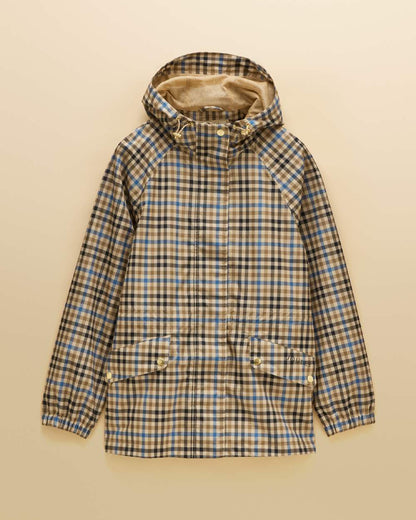 Brown Check Coloured Joules Everdry Waterproof Packable Raincoat on Beige Background 