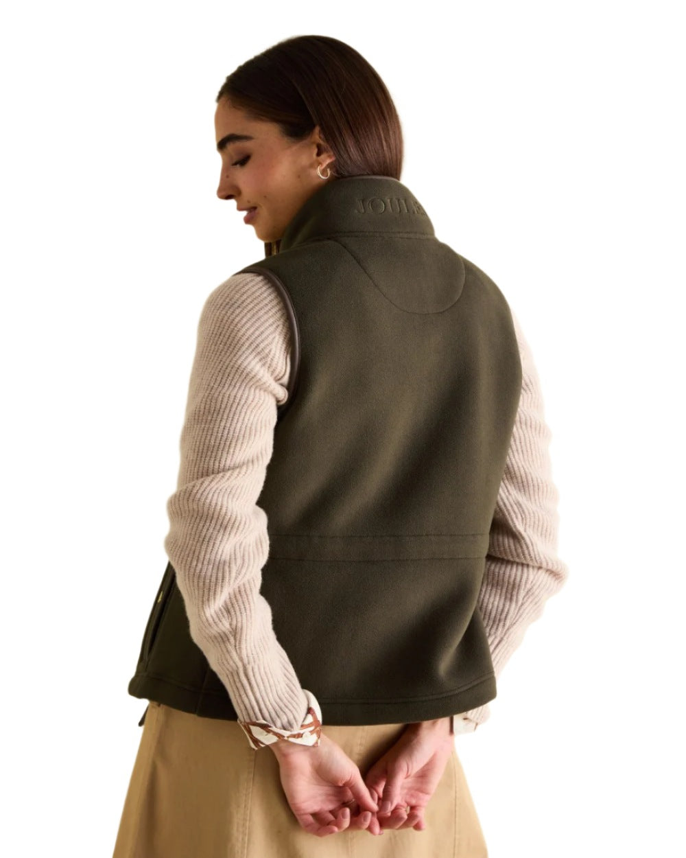 Green coloured Joules Fairbourne Fleece Gilet on white background 