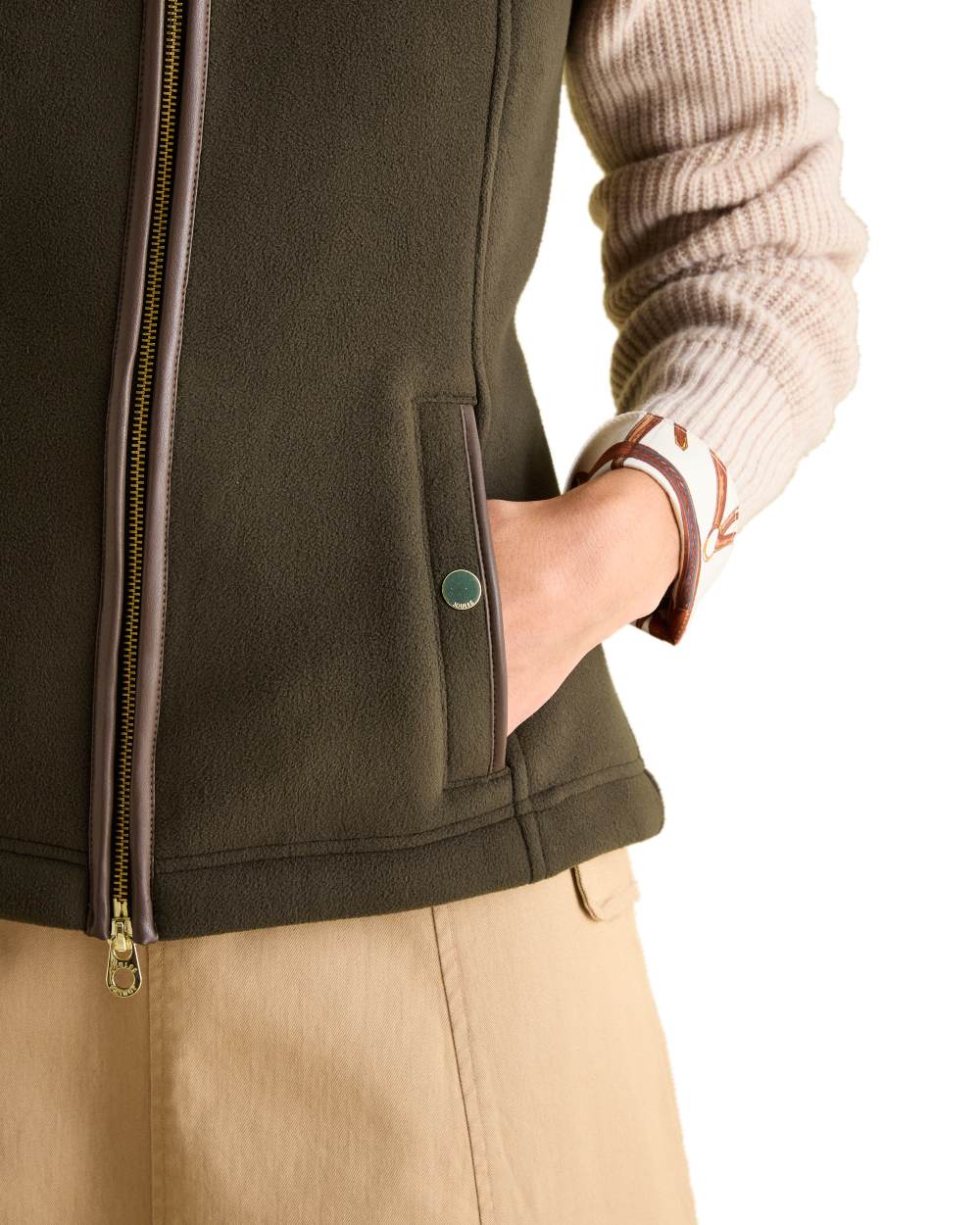 Green coloured Joules Fairbourne Fleece Gilet on white background 