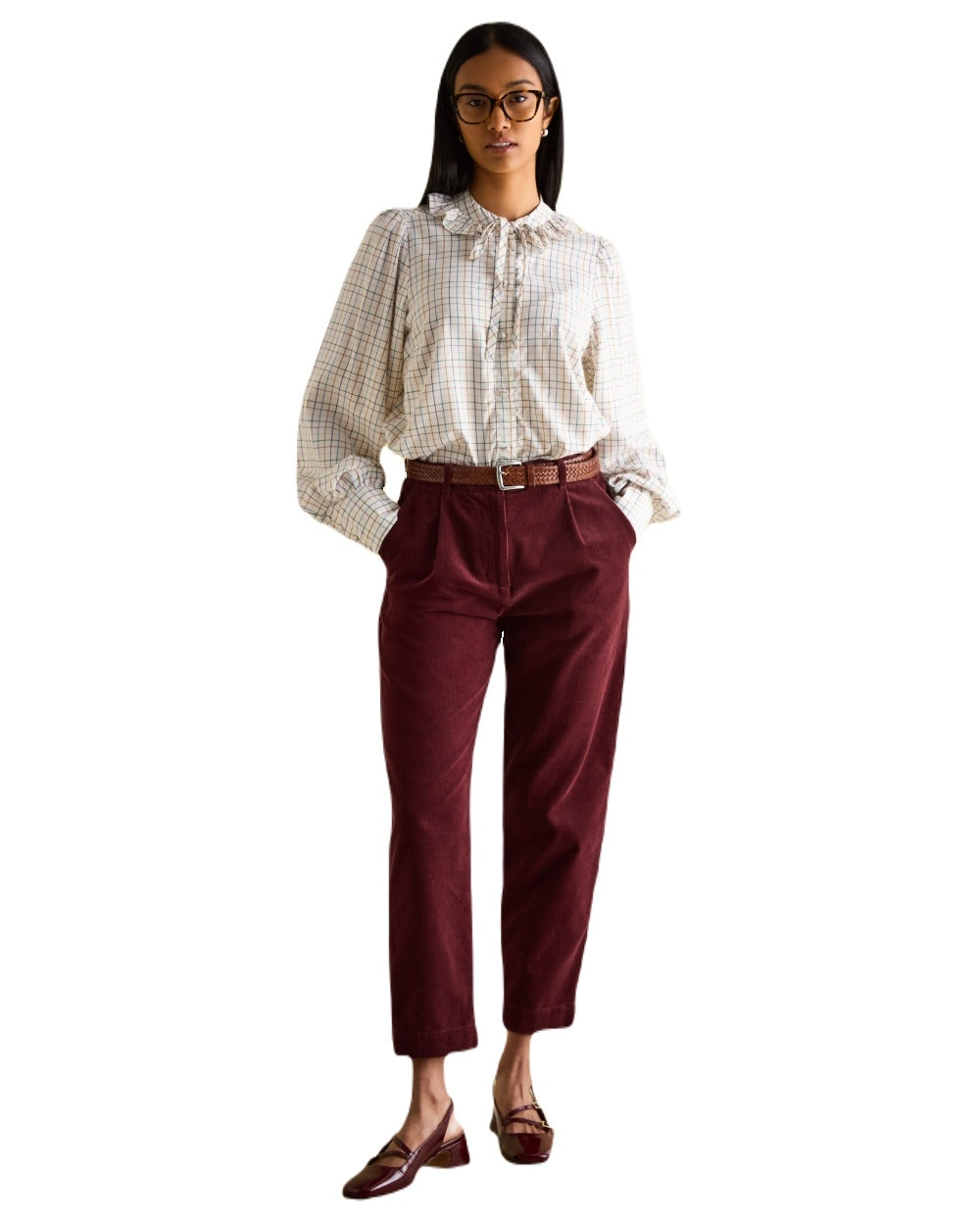 Tattersal Check coloured Joules Harper Pussybow Tie Blouse on White Background 