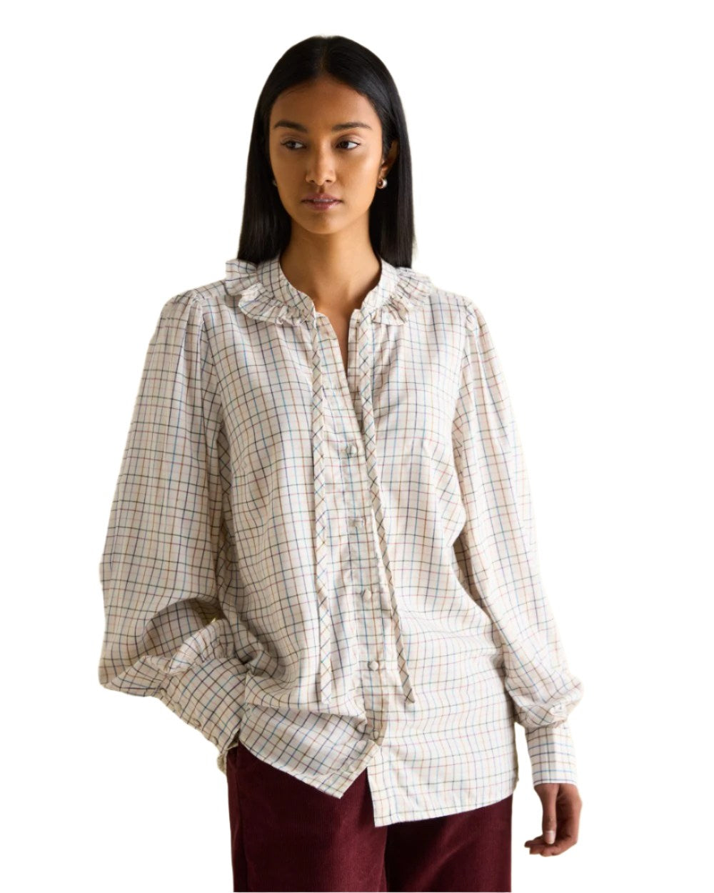 Tattersal Check coloured Joules Harper Pussybow Tie Blouse on White Background 