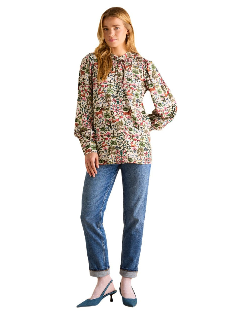 Mystical Forest Print coloured Joules Harper Pussybow Tie Blouse on White Background 