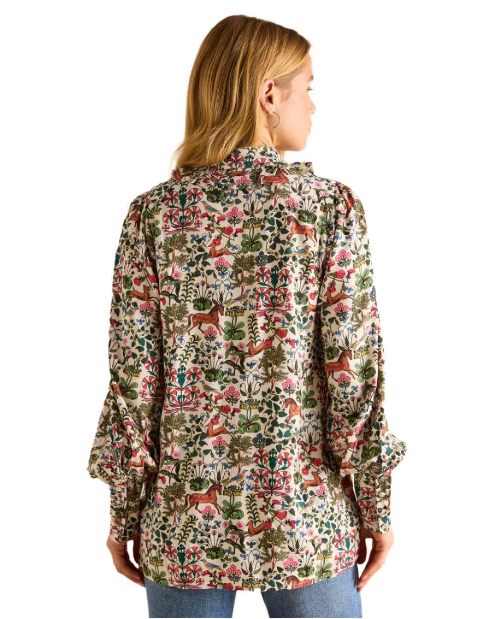 Mystical Forest Print coloured Joules Harper Pussybow Tie Blouse on White Background 