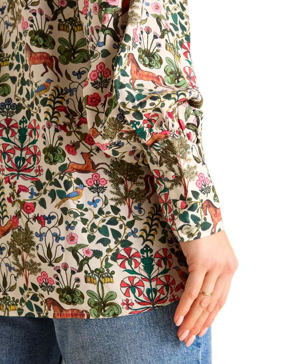 Mystical Forest Print coloured Joules Harper Pussybow Tie Blouse on White Background 