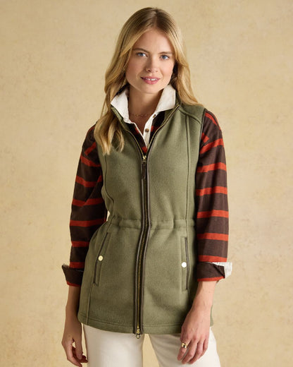 Light Green coloured Joules Heritage Longline Gilet on tan background 