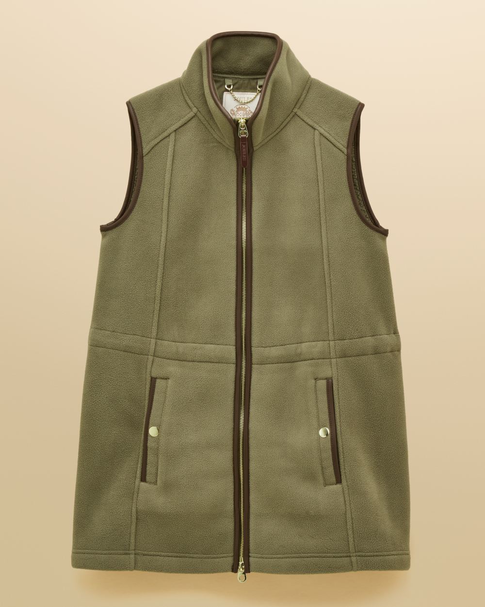 Light Green coloured Joules Heritage Longline Gilet on tan background 