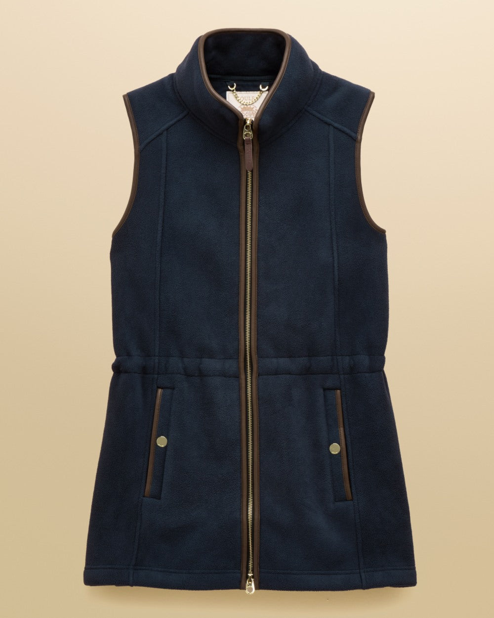 Navy Blue coloured Joules Heritage Longline Gilet on tan background 