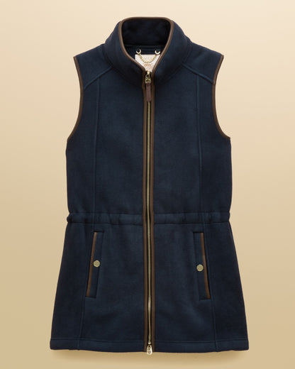 Navy Blue coloured Joules Heritage Longline Gilet on tan background 