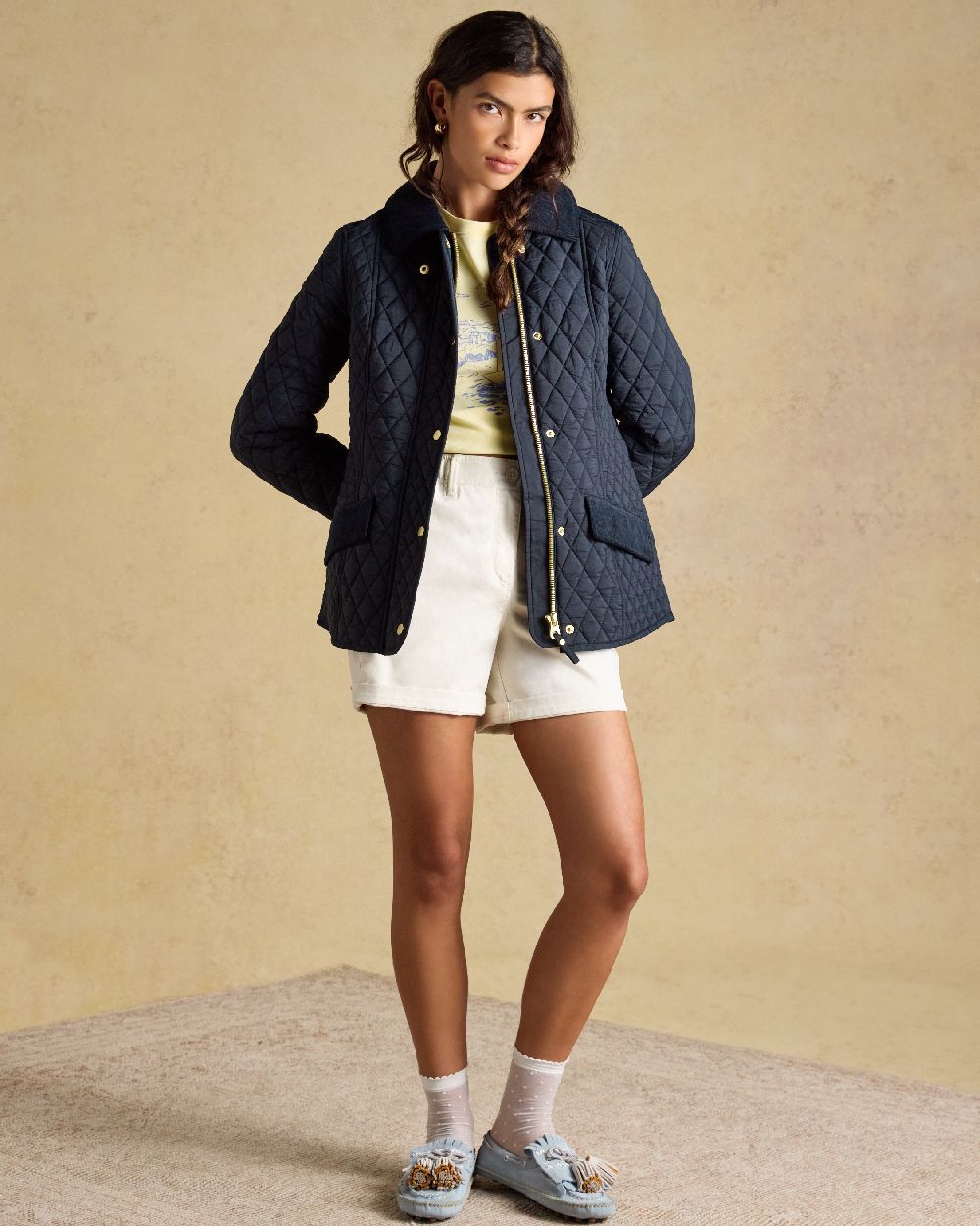 Navy coloured Joules Highclere Jacket on tan background 